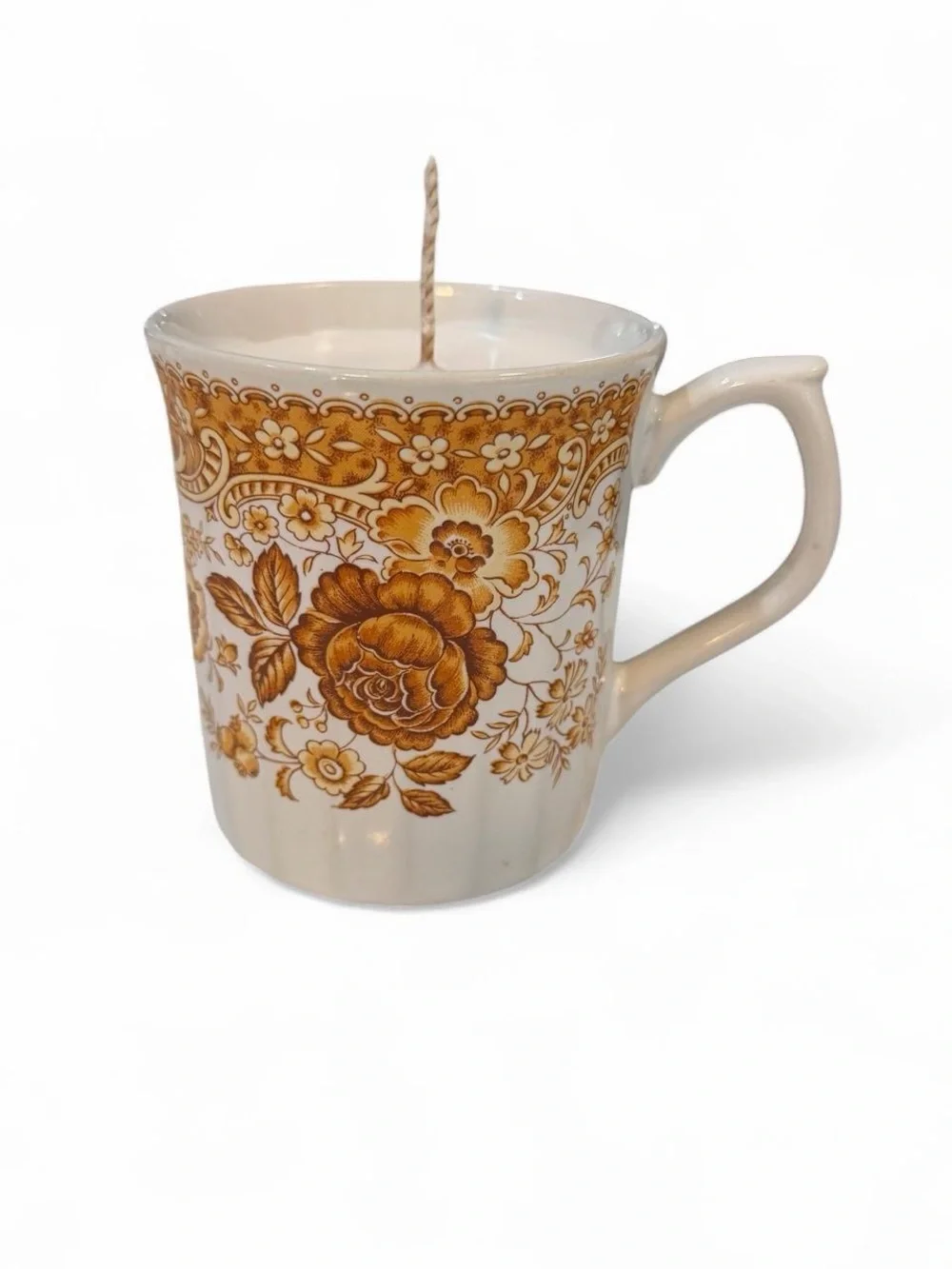 Floral Ceramic Mug with Gold-Brown Transferware Pattern